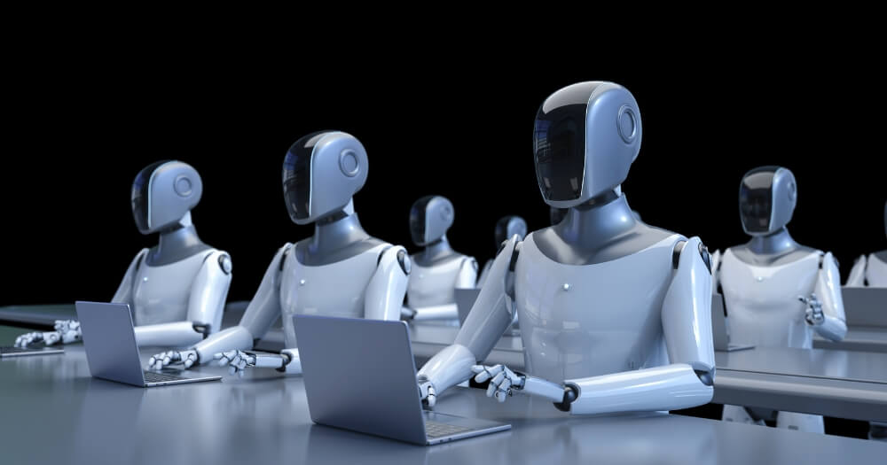 Robots autonomes collaborant et exécutant des tâches de manière coordonnée — illustration de l’IA agentique.